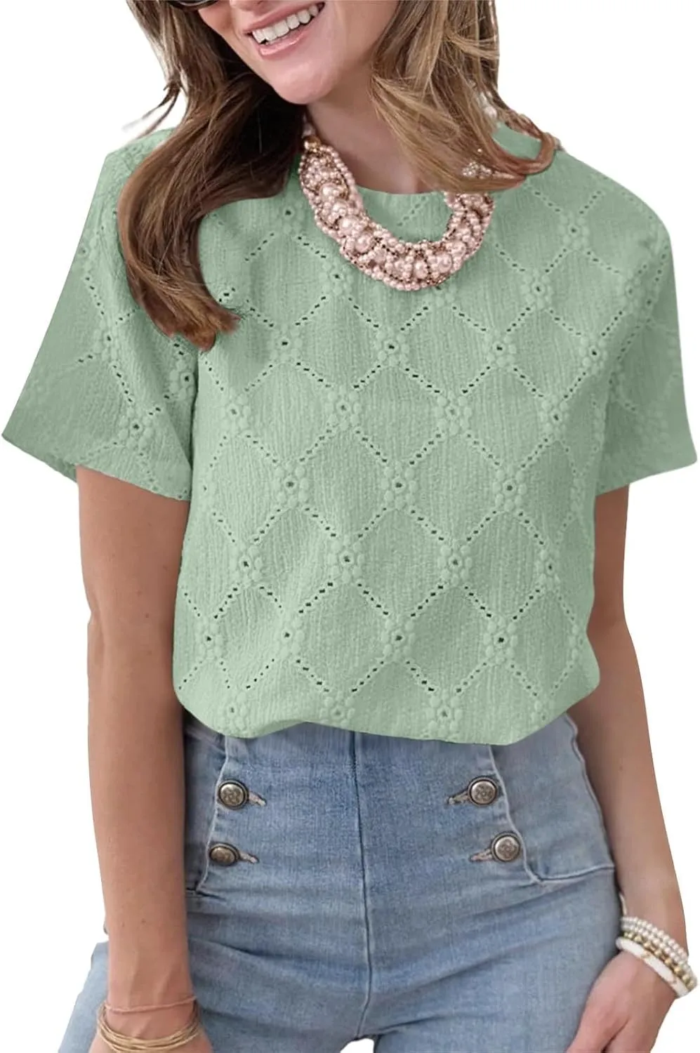 Women's Summer Tops Casual Crew Neck Short Sleeve Eyelet Embroidered Hollow Out Blouses Loose Fit Shirts