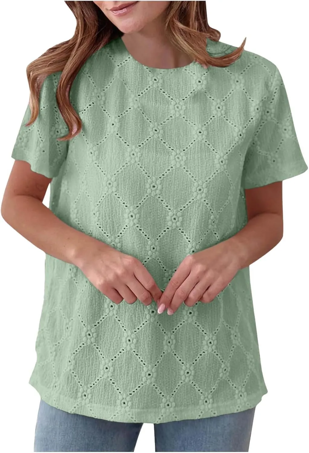 Women's Summer Tops Casual Crew Neck Short Sleeve Eyelet Embroidered Hollow Out Blouses Loose Fit Shirts