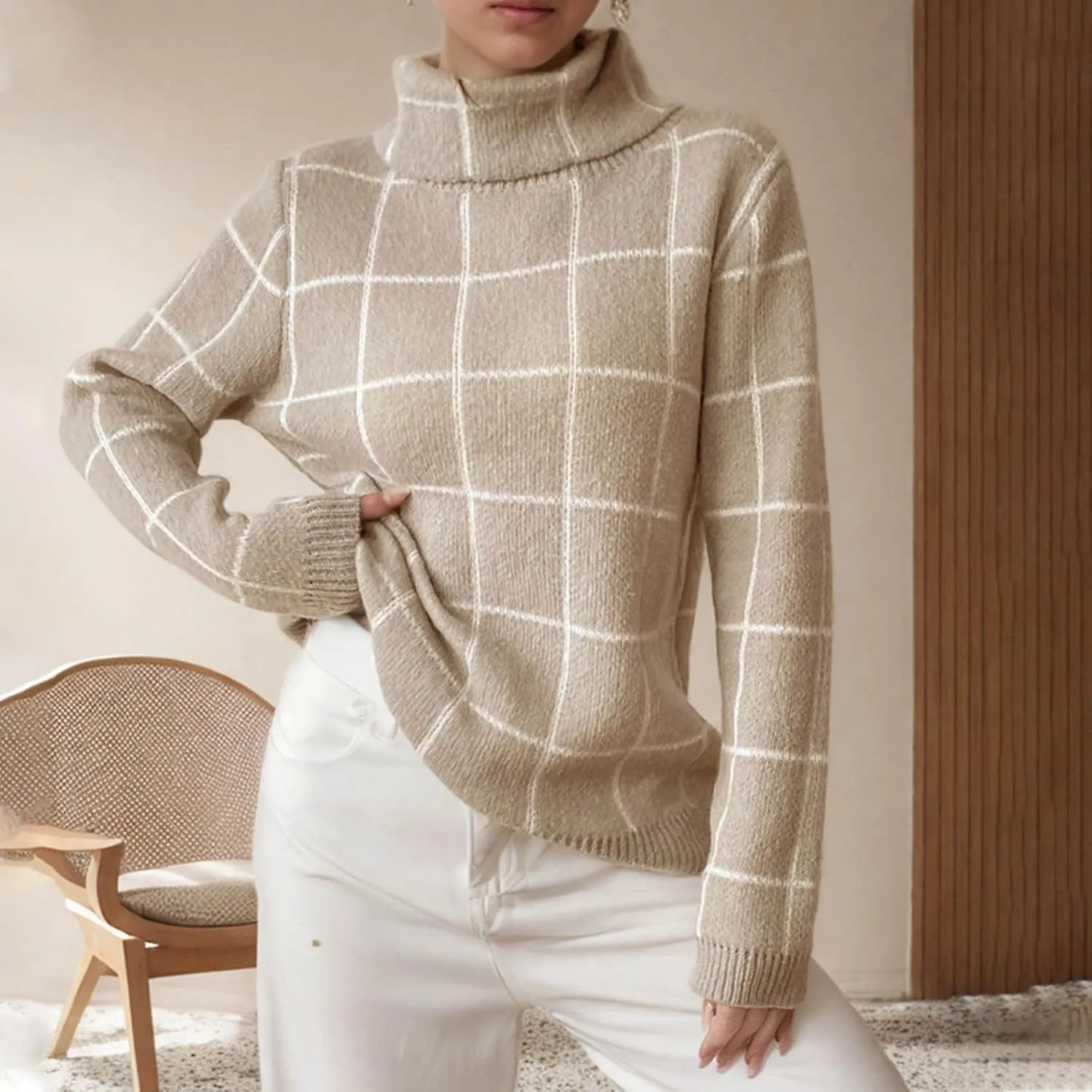 Womens Sweater Plaid Turtleneck Long-Sleeve Color Block Loose Pullover Tops Cute Soft Chunky Knit Fashion Clothes Top