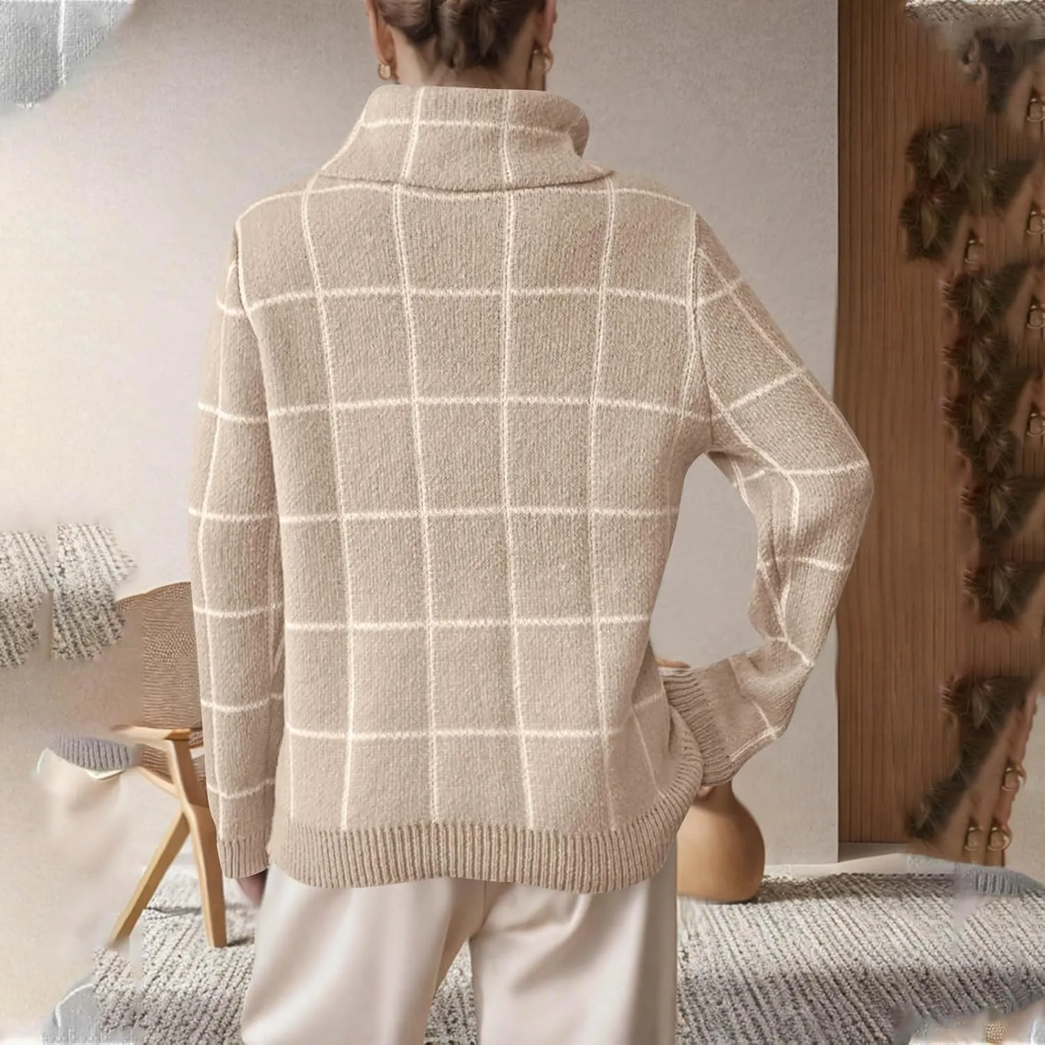 Womens Sweater Plaid Turtleneck Long-Sleeve Color Block Loose Pullover Tops Cute Soft Chunky Knit Fashion Clothes Top