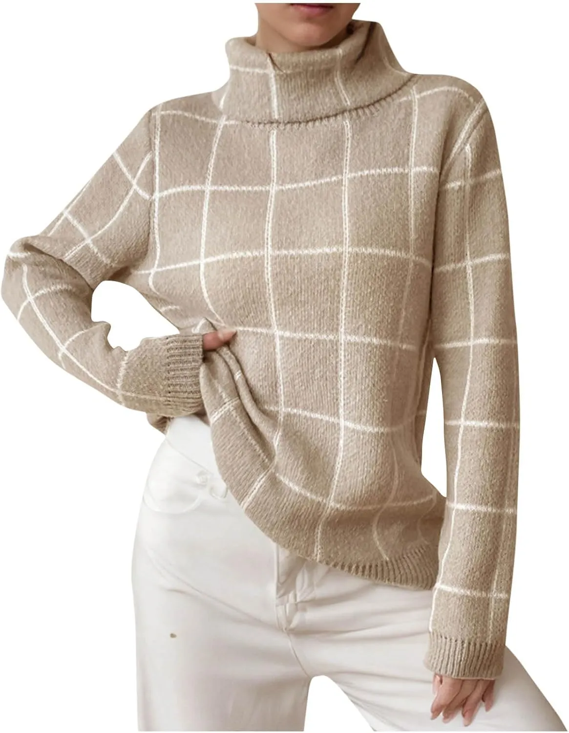 Womens Sweater Plaid Turtleneck Long-Sleeve Color Block Loose Pullover Tops Cute Soft Chunky Knit Fashion Clothes Top