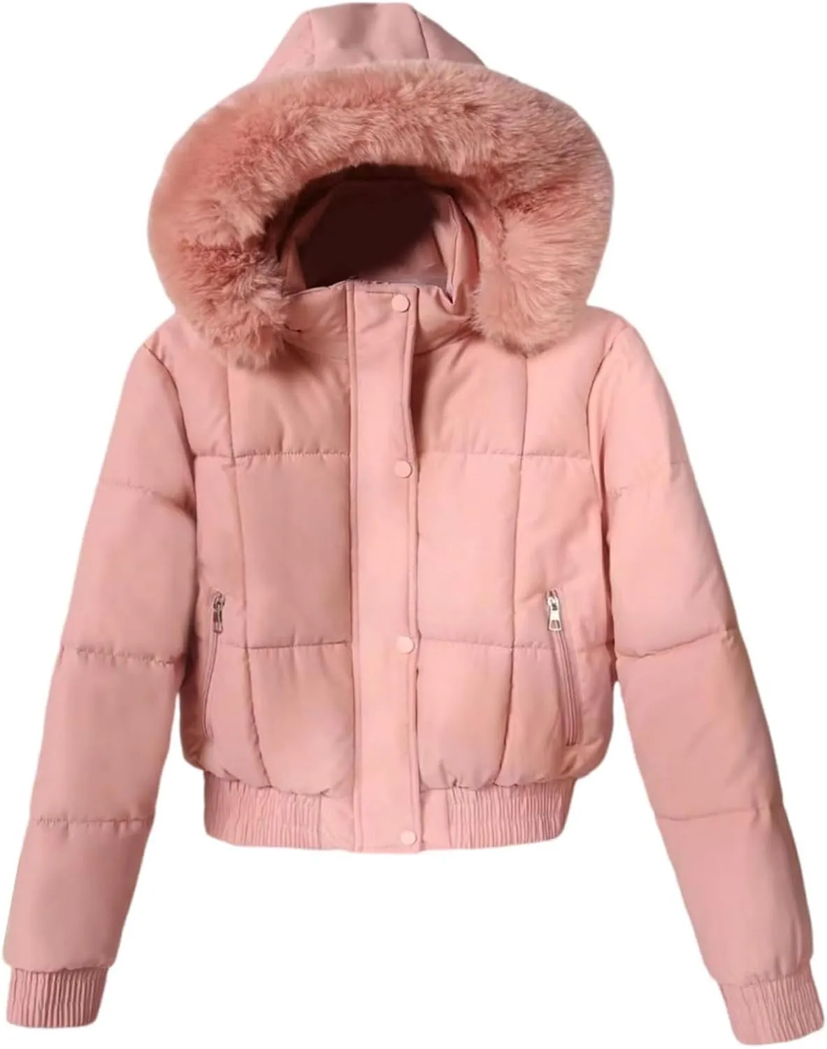 Womens Trendy Winter Jackets Casual Crop Quilted Puffer Coat Light Weight Long Sleeve Button Down Outerwear with Hood