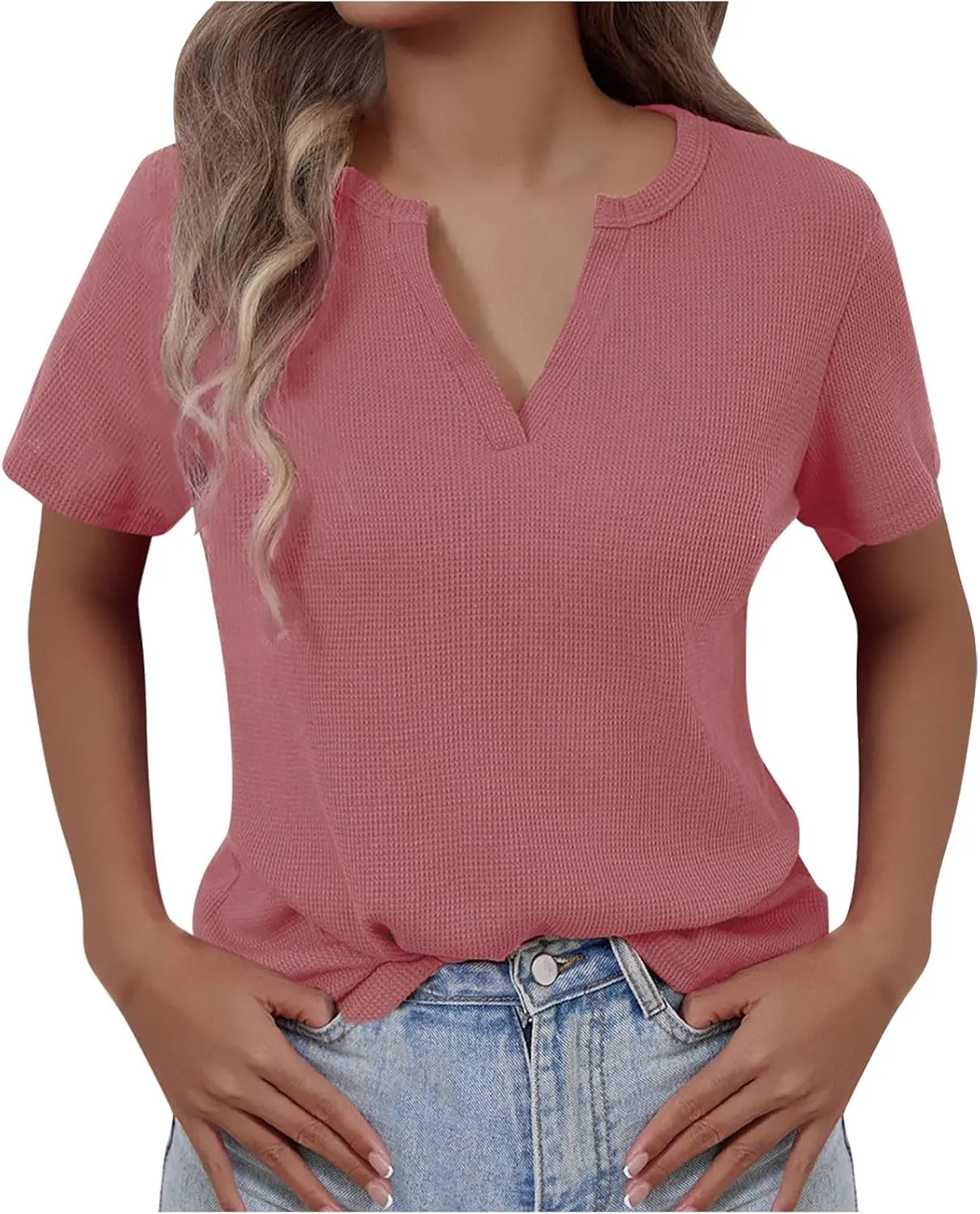 Womens Waffle T-Shirts Slim Fit V Neck Blouses 2025 Summer Short Sleeve Pullover Tees Basic Bottoming Tops